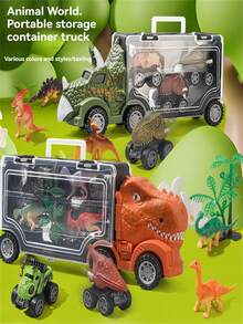 Children's Dinosaur Cargo Transport Truck, Handheld Storage Sliding Toy Car, 3-In-1 Dinosaur Container Transport Vehicle, Transformable Inertia Launching Toy Car, Parent-Child Interactive Educational Game, Boys Gift (Random Car) - Multicolor - View 4