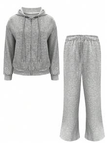 Women's Two Pieces Tracksuit - Zip-Up Hoodie With Pockets + Elastic Waist Sweatpants, Comfortable Loungewear Set