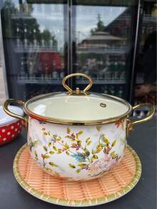 1pc/3pcs High-Temperature Resistant Enamel Coated Soup Pot With Dual Handles, Thick & Large Capacity For Boiling And Stewing, Suitable For Gas Or Electric Stove, Floral And Bird Design, Perfect For Home And Restaurant Kitchen, Holiday Party Gift