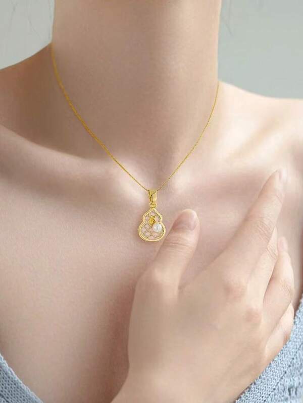 1pc French Retro Anti-Pearl Oil Drop Gourd Necklace, Luxurious Enamel High-End Ginkgo Gourd Necklace, Suitable For Women's Daily Wear