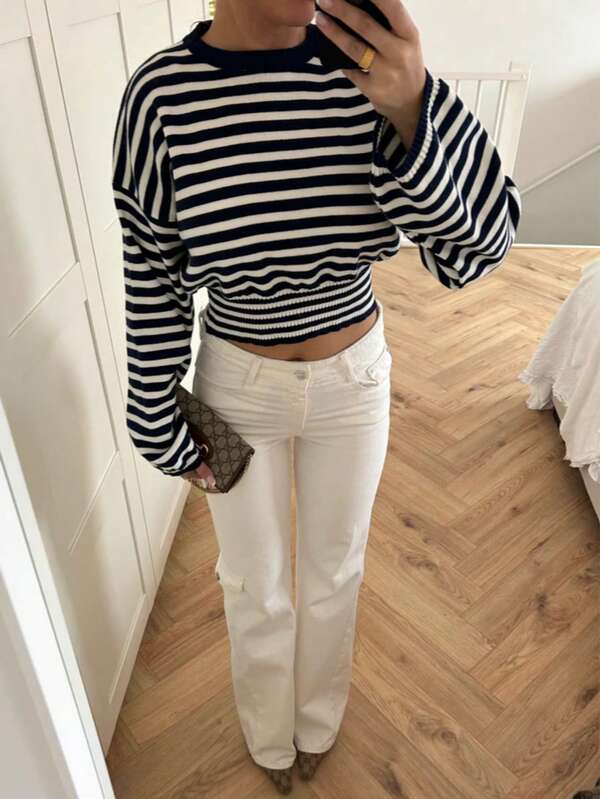 2025 Autumn/Winter Fashion Women Knitted Striped Pullover Long Sleeve Cropped Sweater With Ribbed Knit Details