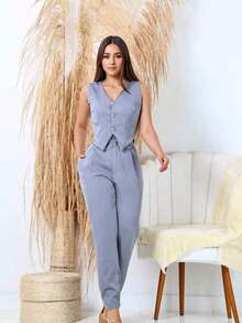 Women's Formal Tailoring Set: Blouse, Vest With Buttons, Skinny Pants, Elegant Party - 灰色 - 查看 9