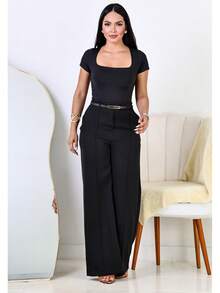 Kit 2 Women's Tailored Wide Leg Pants + 2 Free Belts - Black / Black - View 4