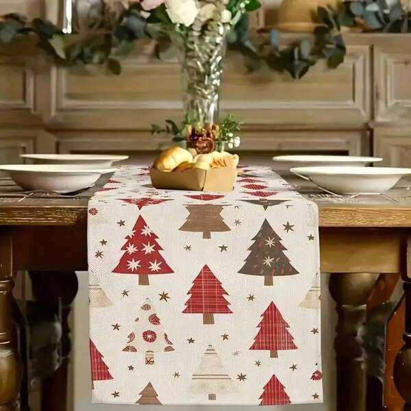 1 Stück Vintage roter & brauner Weihnachtsbaum Muster rechteckiger Tischläufer, Feiertags Essbereich & Heim Dekoration