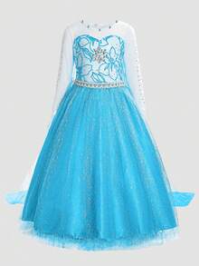 Young Girl Round Neck Long Sleeve Blue Floral Print Party Dress With Train - Multicolor - View 1