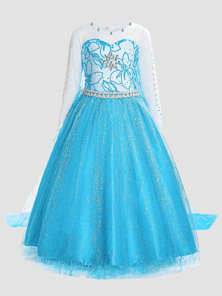 Young Girl Round Neck Long Sleeve Blue Floral Print Party Dress With Train - Multicolor - View 1