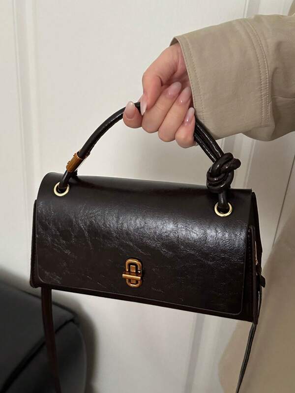 1pc New Oiled Leather Solid Color PU Handbag, Personalized Metal Lock Flap Closure, Retro Mauve Color Square Bag, Fashion Versatile Shoulder Bag For Work Commute, Classic Handbag, Suitable For Dating, Shopping, Adjustable Strap, Great Choice For Daily Use, Office, Business, Gift