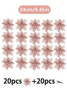 1件/5件/10件/20件 亮面聖誕花，適用於聖誕樹與花環，直徑3.5吋/5.9吋/9.45吋附夾子，聖誕節假期裝飾，新年派對用品（顏色：玫瑰金） - 玫瑰金 - 查看 19