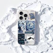 1件蓝色海洋海龟鲨鱼鲸鱼复古可爱个性化天空海洋自然美丽时尚男女通用，不对称波浪IMD防震银色渐变水波激光闪亮艺术风格手机壳，兼容苹果//OPPO/VIVO/荣耀//红米/传音 - 藍色 - 查看 3