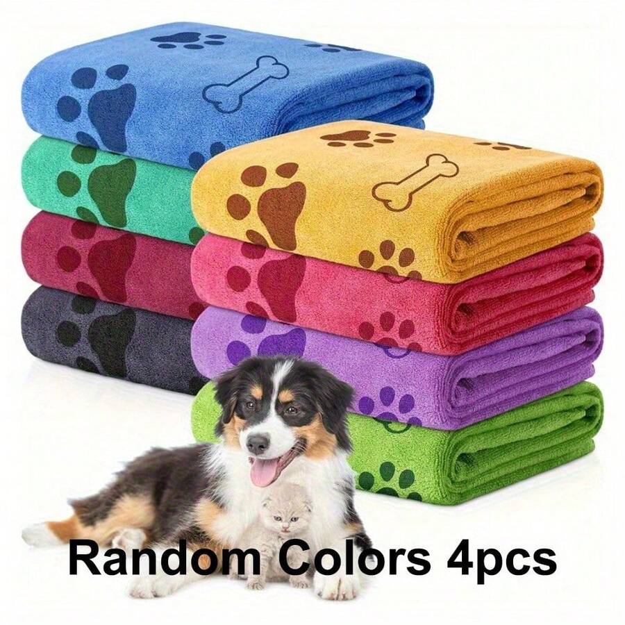 4pcs Quick-Dry Pet Towels For Medium Dogs - Soft, Absorbent Polyester With Fun Paw Print Design, Ideal For Bathing And Grooming, Grooming Towels | Playful Design | Durable Fabric - Random Colors - View 1