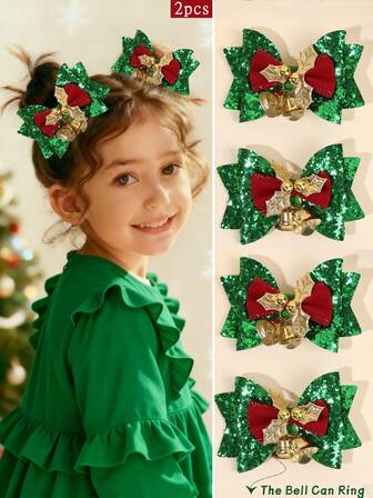 2 件圣诞闪光蝴蝶结铃铛发夹，适合女孩、派对发夹、全衬里面料、鸭嘴夹、精致发夹头饰、儿童发饰