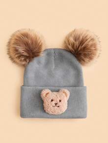 3 pezzi Set di berretti invernali lavorati a maglia per bambini, cappello lavorato a maglia con orecchie di orso e doppio pon pon, adatto per l'uso quotidiano dei bambini e per il ritorno a scuola - Multicolore - Visualizzare 7