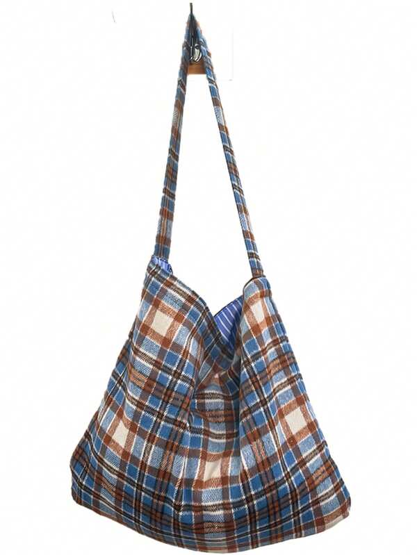 Women's Retro Plaid Tote Bag, New Woolen Plaid Commuter Casual Shoulder Crossbody Bag