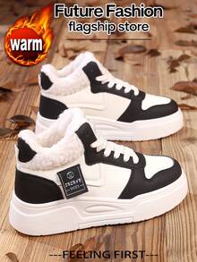 LISM 女士雪地靴，圆头，平跟，保暖，高帮，时尚，休闲，适合中年女性，户外，防寒，大码，欧码 35-40，多色可选 - 黑與白 - 查看 5