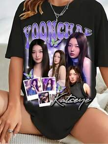 American Hip Hop Retro Yoonchae Katseye Pattern T-Shirt Summer New Retro Fashion Men's And Women's Streetwear - 黑色2 - 查看 1
