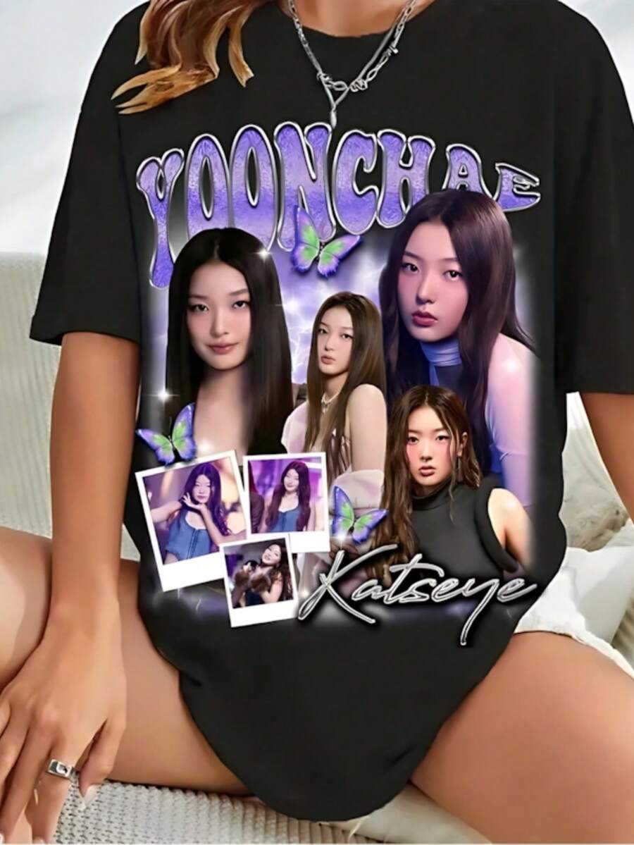 American Hip Hop Retro Yoonchae Katseye Pattern T-Shirt Summer New Retro Fashion Men's And Women's Streetwear - 黑色2 - 查看 1