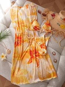 Bộ đồ bơi 3 món dành cho nữ, bikini gợi cảm, họa tiết hoa sen ombre, áo khoác ngoài đồ bơi cổ điển thanh lịch, váy đi biển, trang phục dự tiệc Giáng sinh cho nữ, quà tặng cho người yêu, ngày lễ tình nhân, kỳ nghỉ hè. - Màu vàng - Xem 9