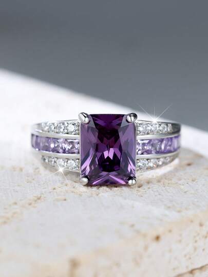 Joya de lujo de plata de ley 925 con cristal morado talla princesa para dama, ideal para citas, fiestas, aniversarios, San Valentín y cumpleaños