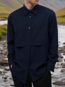 Men's Patchwork Casual Outdoor Shirt, Suitable For Outdoor Sports, Hiking, Dining, And Workout Spring - Navy Blue - View 4