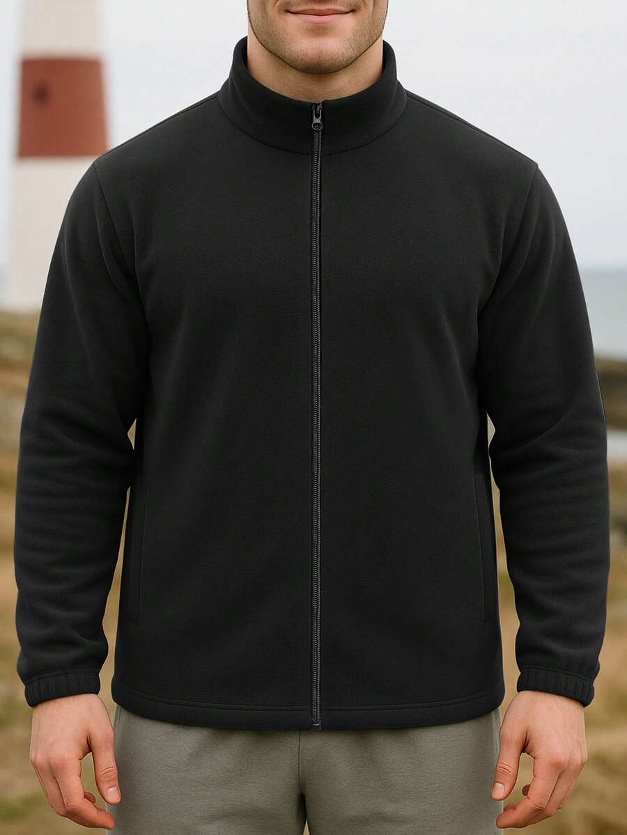 Outdoor Sports Jacket, Casual Thermal Lined Zipper Jacket, Solid Color Long Sleeve Fitness Outerwear, Jogging Running Versatile Stylish Warm Streetwear