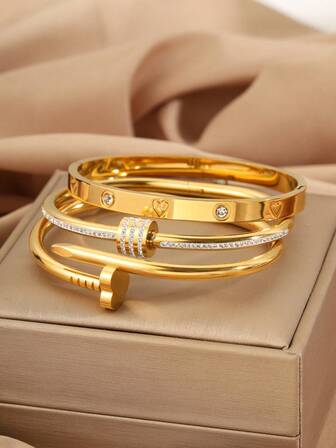 三件套奢华不锈钢手链套装，镶嵌水钻。适合日常佩戴和派对配饰。