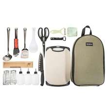 Portable Camping Kitchen Utensil SetCamp Cookware Utensils Organizer Travel Kit 16 Pieces Cookware Kit Travel Grill Set - Brown - View 1