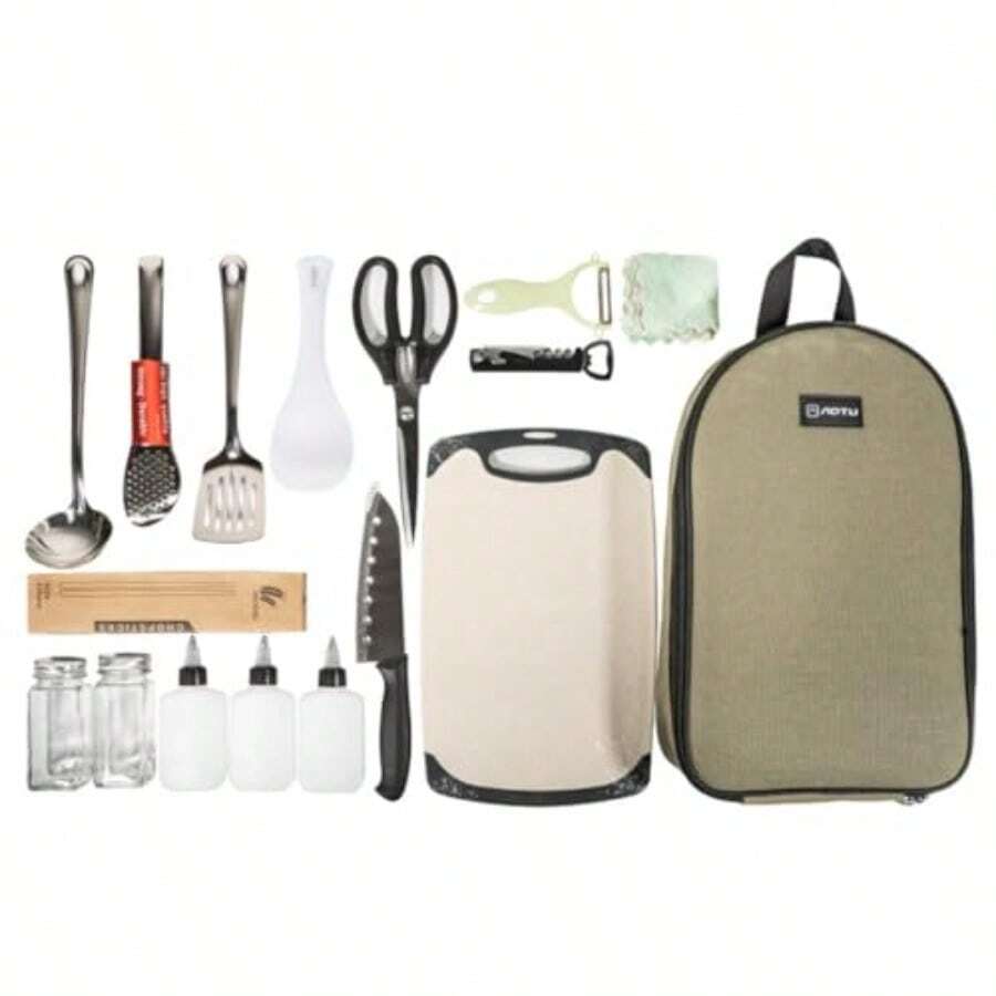 Portable Camping Kitchen Utensil SetCamp Cookware Utensils Organizer Travel Kit 16 Pieces Cookware Kit Travel Grill Set - Brown - View 1