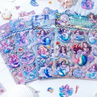 Kids Shiny Mermaid Bubble Sticker Art, Double-Layer 3D Cartoon EVA Sticker Scrapbooking For Girls Princess Diary