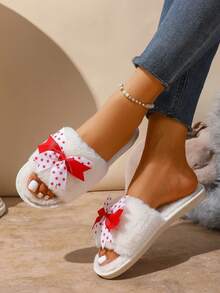 1 Pair Cute Bow Plush Lined White Ladies' House Slippers, Comfortable For Indoor Wear In Autumn/Winter