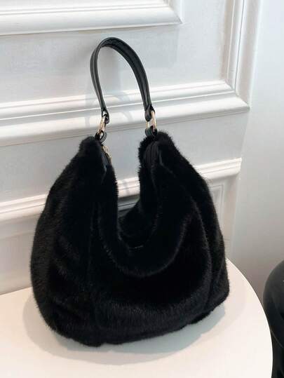 女士毛绒腋下包，大容量单肩包，百搭休闲通勤包，新月造型，适合日常佩戴