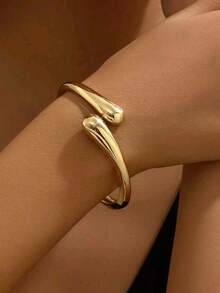 1pc Fashionable Minimalist Solid Gold Thick Durable Geometric Bangle Bracelet For Women - Yellow Gold - View 5