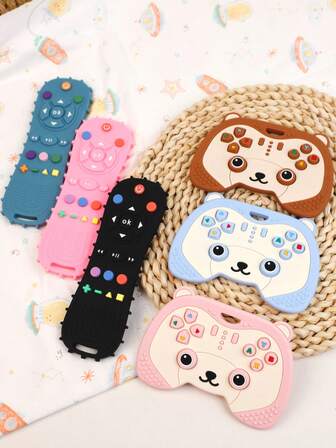 2pcs Silicone Bear Game Controller Teether Toy & Realistic TV Remote Control Teether Toy, Soft Silicone, Educational Teething Toys, Perfect Sensory Chew Toys For 3-6 Months And 6-12 Months Babies