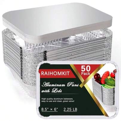 50 Pack Aluminum Pans With LidsDisposable Aluminum Foil Pans 2.25lb Tin Pans Disposable Aluminum Baking Pans Tin Foil Pans With Lids For Cooking Heating Roasting Prepping Food 8.7" X 6.2"Gift