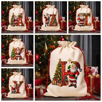 1pc Christmas 26 Letter Pattern Drawstring Gift Bag, Perfect Christmas Gift