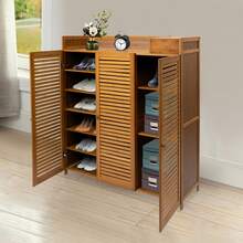 3-Door Shoe Cabinet With Storage Top - Bamboo & MDF Organizer Holds 30 Pairs, 38.6x12.6x45.3 Inch, Brown Modern Entryway Storage For Shoes/Boots (Ventilated Shutter Doors, 44lbs Capacity) - Brown - View 6