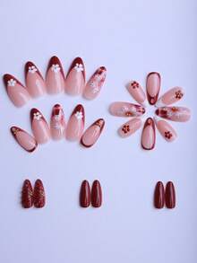 24 piezas de uñas postizas con forma de almendra en caja de regalo, patrón de cocodrilo rojo de otoño e invierno, flores tridimensionales en forma de abanico rojo, pegamento con bolas de acero dorado, adecuado para citas, reuniones, fiestas, salidas, bodas y otras ocasiones. Incluye 1 pieza de pegamento de gelatina y 1 lima