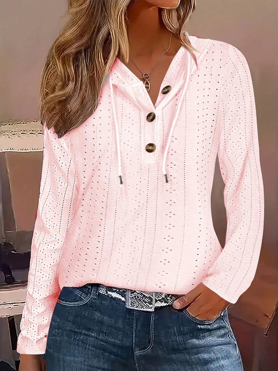 2025 Spring & Autumn Solid Color Casual Jacquard Hollow-Out Knitted Button Front Hooded Lightweight Windbreaker Sweatshirt For Women - Pink - View 1