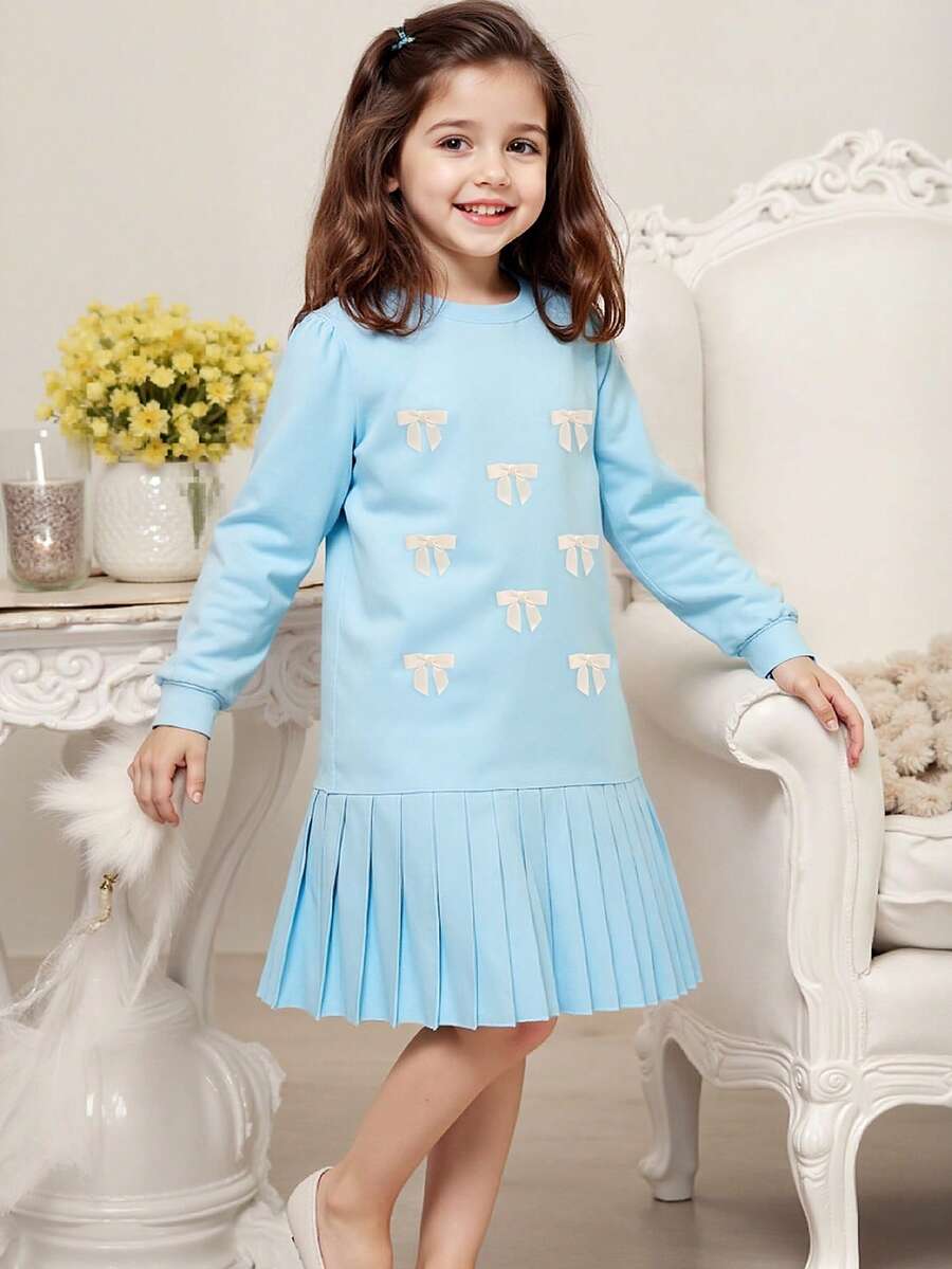 女童秋装浅蓝色蝴蝶结百褶连衣裙蓬松荷叶边下摆治愈系童装适合生日派对 - 淺藍色 - 查看 1