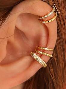 4-Piece Non-Pierced C-Shaped Ear Bone Clips - Suitable For Female Non-Pierced Ear Holes, Adjustable Clip-Type Cartilage Earrings - Gold - View 4