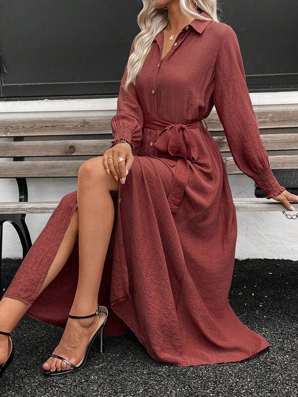 Vestido camisero largo de mujer de lino arrugado y cómodo, vestido camisero casual con cuello vuelto, botones, cinturón y puños largos