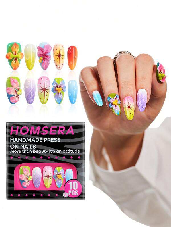 10 piezas de uñas acrílicas estampadas a mano de almendra media estilo Y2K, pegatinas de uñas caseras DIY con decoración de flores 3D y efecto degradado para niñas y mujeres, suministros de uñas XXL/XXXL para uso diario y decoración de fiestas
