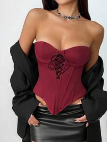 Vexica 女式无袖露肩针织短款上衣，系带细节，不对称下摆和罩杯细节