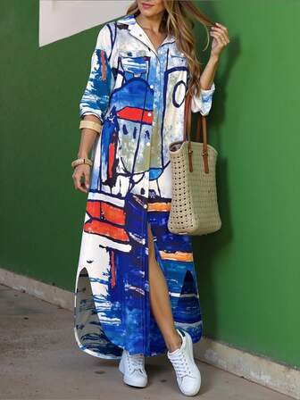Women's Fashionable Long Sleeve Pattern Print Shirt Collar Loose Casual Dress