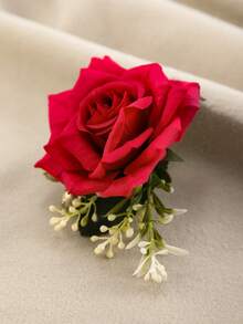 1pc Nature-Inspired Artificial Rose Flower Leaf Fruit Decor Boutonniere, Suitable For Wedding, Party, Banquet And Other Occasions Valentine's Day Accessories - Red - View 4