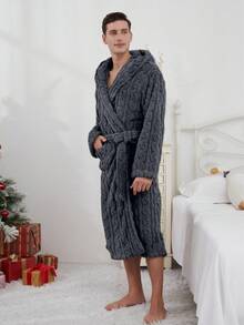 1pc Soft & Comfortable Jacquard Fleece Long Hooded Bathrobe With Pockets, Unisex, Autumn/Winter, Fluffy, Cozy