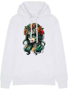 Halloween Hooded Sweatshirt - Women's La Catrina Floral Hooded Sweatshirt - Mexican Day Of The Dead Sugar Skull Top, Casual Attire - Machine Washable Casual Hooded Sweatshirt, Seasonal Fashion, Vibrant Print, Breathable Material - White - View 3