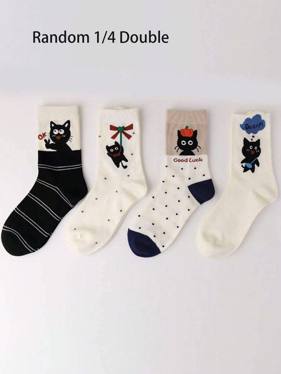 1/5 أزواج جوارب طاقم نسائية عشوائية، جوارب بنمط قطة كرتونية جميلة، جوارب قطط كورية أنيقة مناسبة للحفلات والمنزل والخروج في فصلي الخريف والشتاء