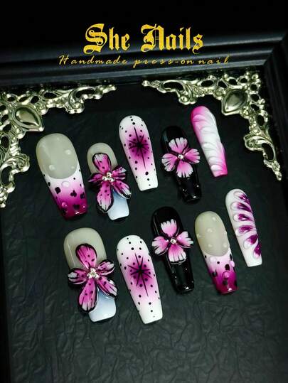 Cute Baroque Nail Art Wedding Nail Christmas Nail DIY 10pcs Medium Long Coffin Handmade Acrylic Press On Nails Shinning Blingbling Cat Eyes Y2K French Tip Nail Western Purple Nails, Pink Nails, White Nails, Black Nails, 3D Carving Black Rose And Star Hand-Painted Hexagonal Star Hand-Painted 3D Water Ripple Hand-Painted Polka Dots, Hand-Painted 3D Metallic Bow, Lace Nails Suitable For Women And Girls Wear With Free Nail Sticker And Tools.