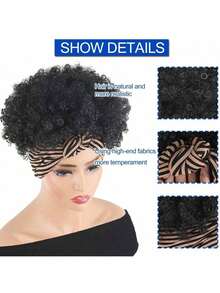 Black Headband Wigs For Women Afro Kinky Curly Wig With Synthetic Short Hair Wigs With Headband Attached Headwrap Wigs Kinky Curly Headband Wig - 黑色 - 查看 3