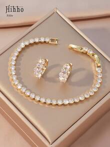 Hihho 3pcs Cubic Zirconia Wedding Jewelry Set, Bride Cubic Zirconia Tennis Bracelet, Ladies Jewelry Set With Pink Earrings And Pink Bracelet (Varying Zirconia Stone Counts And Lengths) - Pink - View 15